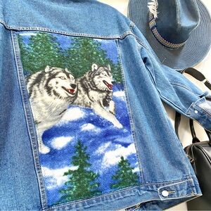 Upcycled WOLF wildlife jean boho jacket w southwestern country vibe